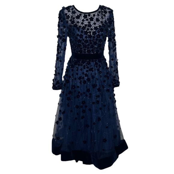 *Mac Duggal Navy Embellished Illusion High Neck Long Sleeve Fit Flare Dress – Sz - Picture 5 of 10